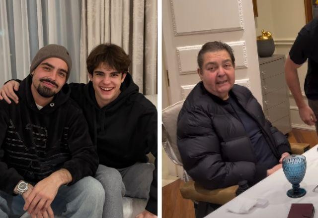 João e Rodrigo Silva postam para a foto, que ocupa metade do lado esquerdo. No lado direito, print do vídeo em que Faustão aparece.